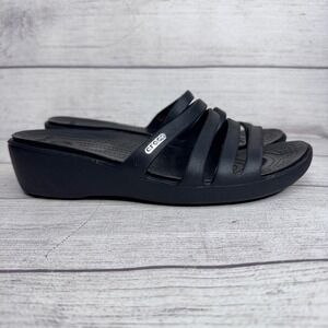 Crocs Sanrah Strappy Wedge Sandals Womens 9 Black Slide 204011 Comfort Shoes